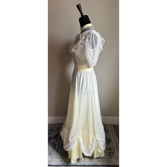VINTAGE Women's Ruffle Butter Yellow Polka Dot High Neck Maxi Prom Dress Size S - Picture 6 of 8